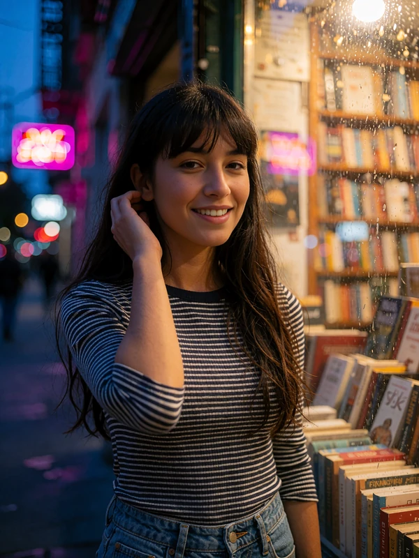 Woman in a navy striped top smiling outside a small bookshop at dusk, example Latina dating profile card