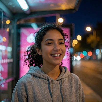 Woman in a grey hoodie laughing under a city bus shelter, representing everyday members on the LatiMeets dating platform