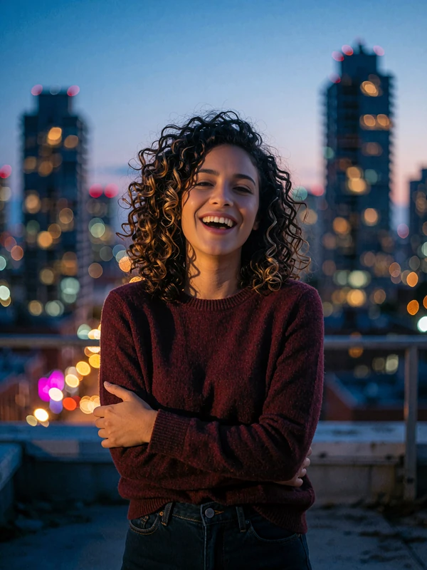 Curly-haired woman in a burgundy knit sweater laughing on a rooftop terrace at dusk, single Latina profile preview card