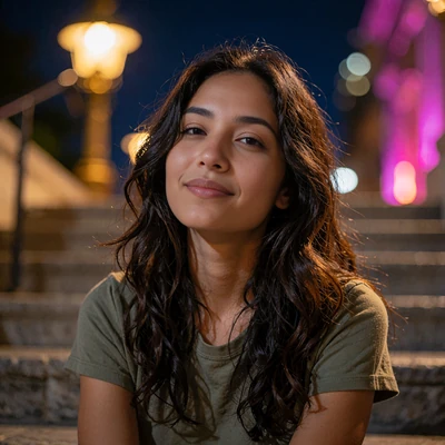 Woman with long wavy hair in an olive t-shirt smiling on stone steps at evening, illustrating a moderated LatiMeets member profile