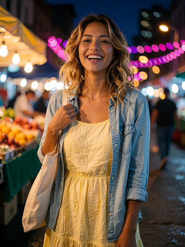 Woman in a pale yellow sundress laughing at an evening street market, single Latina profile preview on LatiMeets
