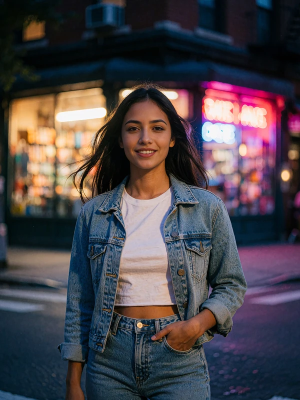 Woman in a white tee and open denim jacket smiling on a city sidewalk, a profile preview on the LatiMeets Latin dating site