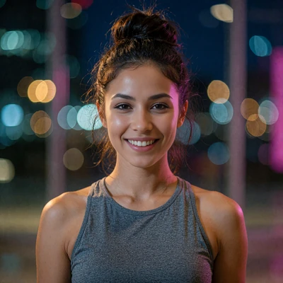 Woman in a heather-grey athletic top grinning in a softly lit lobby at night, representing active LatiMeets community members