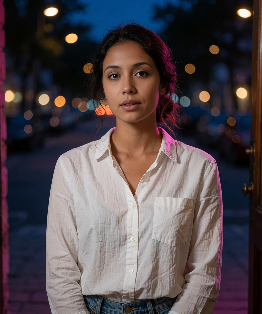 Woman in a white button-down shirt standing calmly in a city doorway at dusk, representing a moderated dating profile