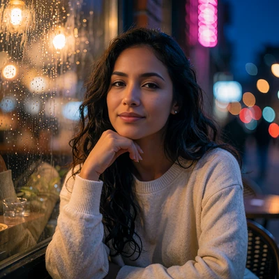 Woman in a cream sweater smiling by a cafe window at night, illustrating the LatiMeets member browsing experience