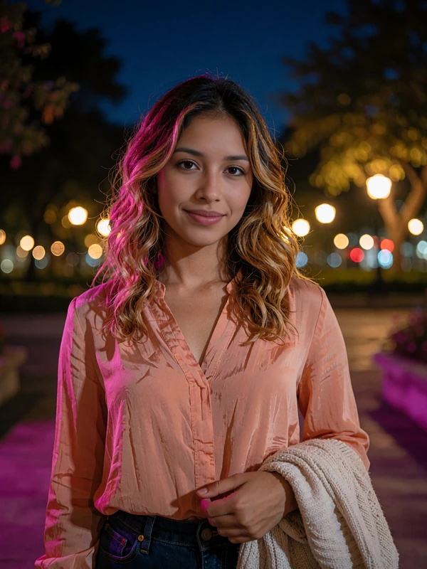Woman in a coral blouse holding a cardigan on a park path at dusk, example of a single Latina near me profile card