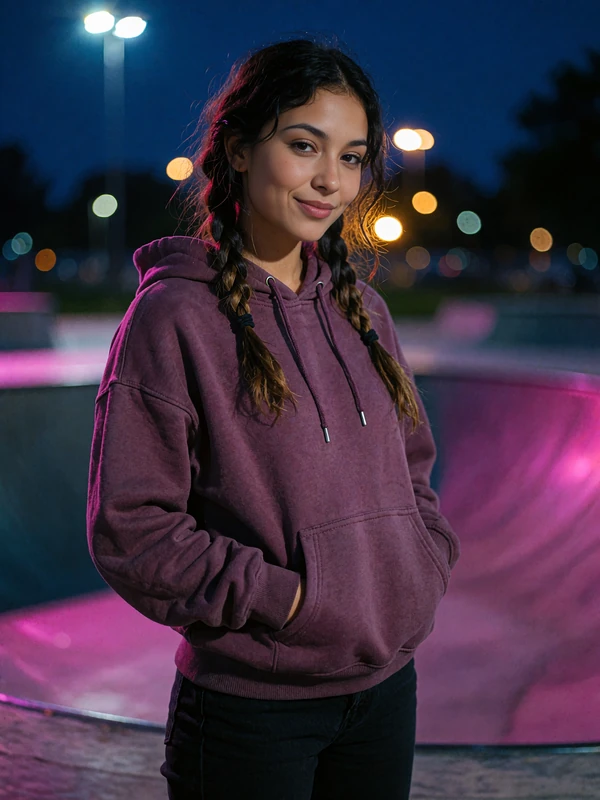 Woman in a plum oversized hoodie giving a playful half-smile at a skate park at dusk, Latin dating profile example