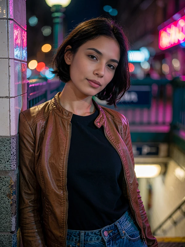 Short-haired woman in a brown leather jacket by a subway entrance at night, LatiMeets member profile preview card