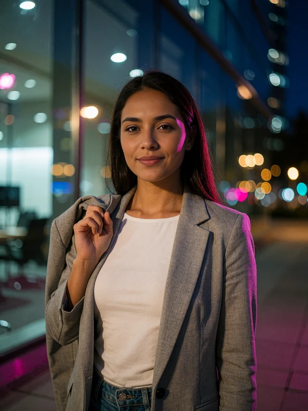 Woman in a grey blazer smiling calmly outside an office building in the evening, Latina girlfriend dating profile card