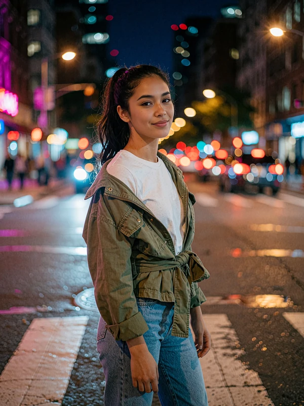 Woman with a high ponytail in a white tee and olive jacket at an evening crosswalk, Latin dating profile card example