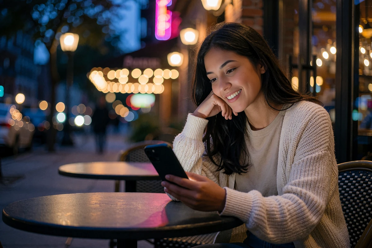 Woman in a cream cardigan smiling at her phone while sitting at an outdoor café table in the evening